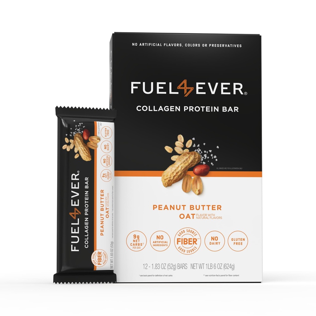 Carburant 4 barres protéinées de collagène Ever, 14G de protéines, sans gluten, sans produits laitiers, sans stévia ou ingrédients artificiels ajoutés, sucré avec du miel.
