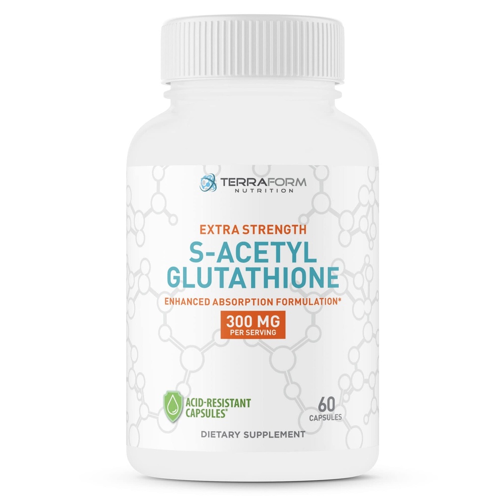 TerraForm Nutrition Extra Strength S-acétyl glutathion 300mg – 60 Capsules résistantes aux acides - Supplément de glutathion Premium - Supplément SAG très biodisponible et stable – Fabriqué aux États-Unis