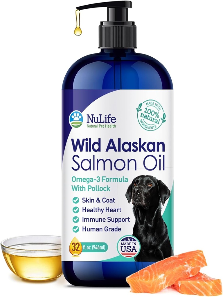 Huile de saumon de l'Alaska pure sauvage pour chiens, formule Omega 3, huile de poisson de chien liquide, supplément de peau et de manteau pour Shedding, peau de démangeaison sèche et allergies, EPA + acides gras DHA, bouteille de pompe de 32 oz