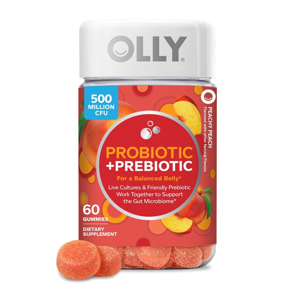 OLLY Probiotic + Gummy prébiotique, soutien digestif et santé des intestins, 500 millions d'UFC, fibre, supplément alimentaire pour adultes pour les hommes et les femmes, pêche, 60 jours d'approvisionnement - 60 comtes