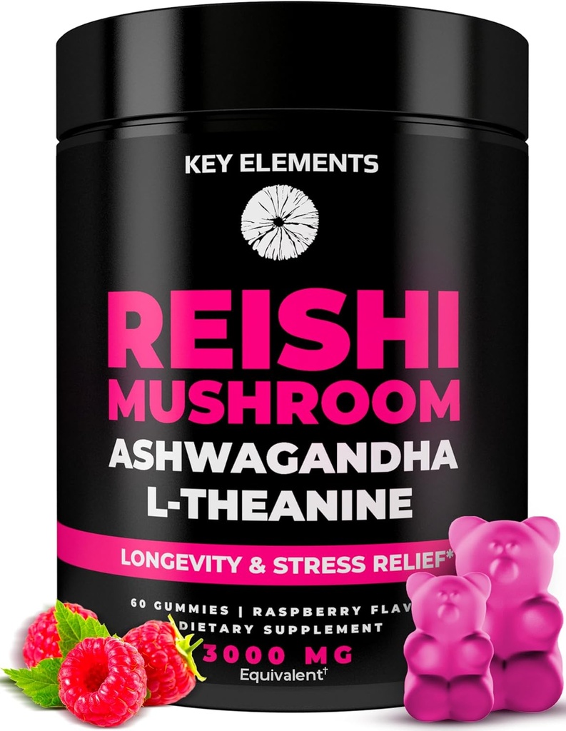 Naturel Reishi Mushroom Gummies & L Theanine avec Ashwagandha - Potent Mushroom Suppléments pour Immuni Support, Stress Relief et Améliorer Gummies de sommeil - Ashwagandha Gummies pour les femmes et les hommes