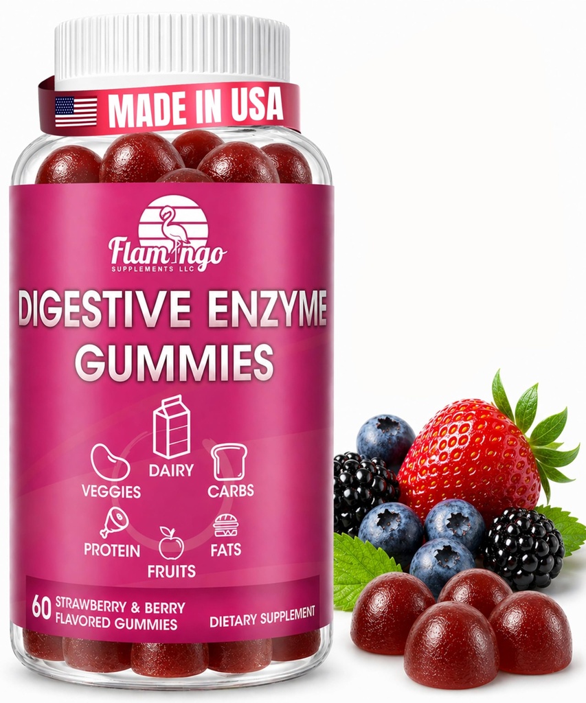 Enzymes digestifs Gommies à croquer : aide l'intolérance alimentaire, le débloat, et à digérer les produits laitiers, glucides, légumes, protéines, fruits - Amylase Protease Lactase- Gommies végétaliens naturellement aromatisés. 60 Nombre