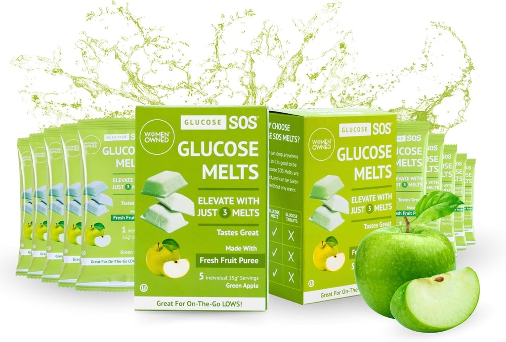 Glucose SOS fondus avec dextrose en poudre de sucre purée de fruits naturels, onglets de glucose, supplément sportif, comprimés à action rapide avec 10 portions individuelles de 15g de pomme verte