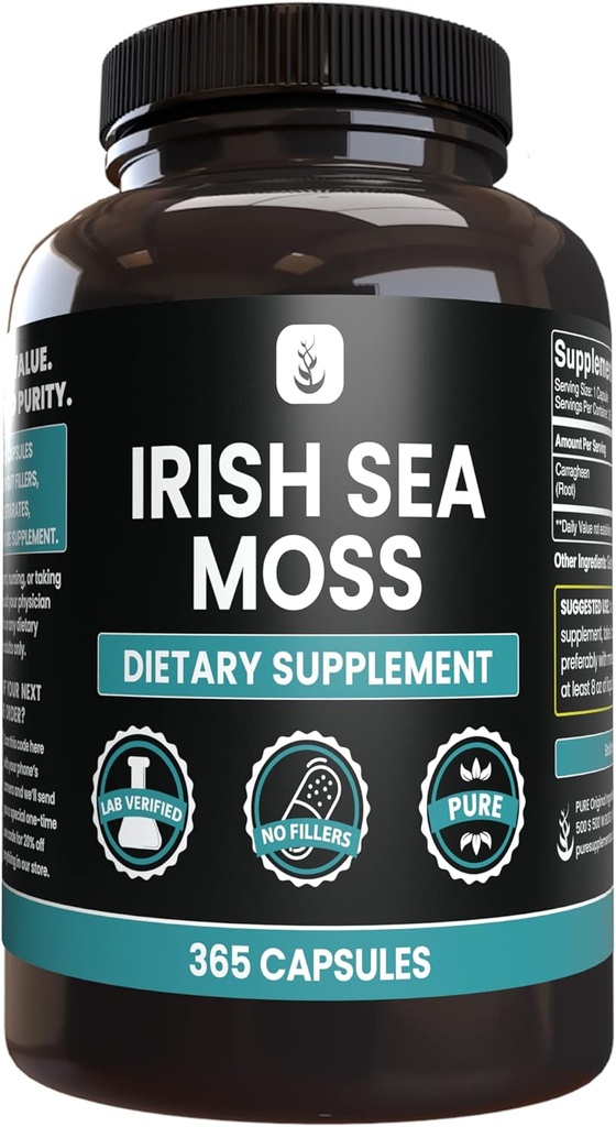 PURE ORIGINAL INGREDIENTS Irish Sea Moss (365 Capsules) Always Pure, No Additives Or Fillers, Lab Verified