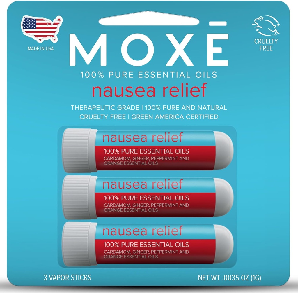 MOXE Nausée bâtons d'inhalateur nasal, mélange d'huile essentielle naturelle, gingembre, cardamome, menthe poivrée, orange douce, estomac relevé, maux de tête, aromathérapie portable facile à utiliser, Fabriqué aux États-Unis, 3 Pack