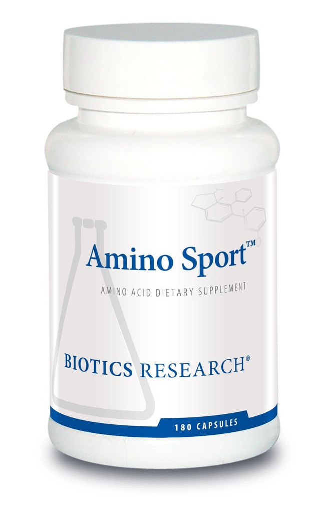 Recherche en biotique Amino Sport Large spectre Acides aminés, acides aminés essentiels, BCAAs, rétablissement sportif, support musculaire maigre 180 capsules