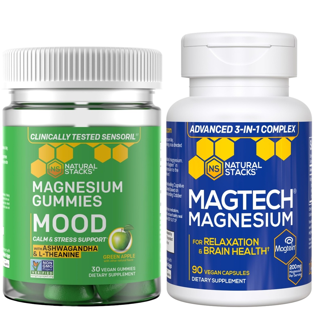 Sacs naturels Magtech + Mood Magnesium Gummies Bundle - 4 formes de magnésium - soutient la relaxation et la santé du cerveau* - 120 pièces