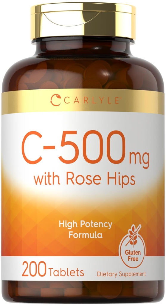 Carlyle Vitamine C avec HIPS rose 500 mg 200 Comprimés Formule de haute puissance, Végétarien, Supplément sans OGM et sans gluten