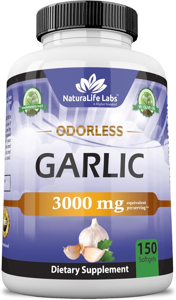 NaturaLife Labs Odorless Ail – 3 000 mg Équivalent par portion – 150 Softgels – Extrait concentré de bulbe d'ail avec huile d'olive extra vierge biologique – Non-OGM, sans gluten