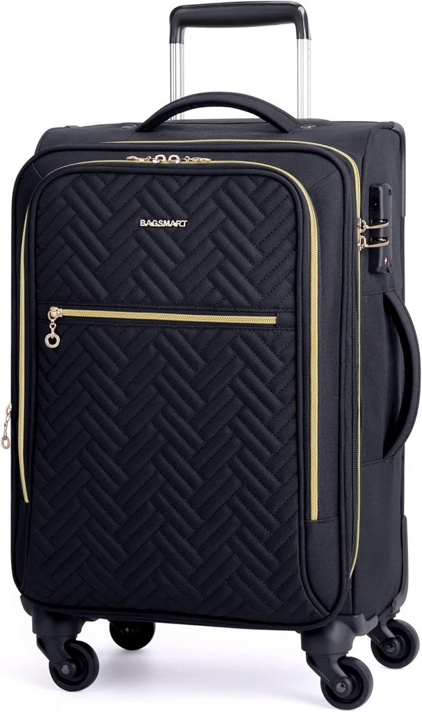BAGSMART Carry on Bagage 20 pouces,Softside extensible Valises avec roues de spinner, Bagage 22x14x9 Airline approuvé Rolling Lightweight Valises pour femmes hommes, Compact Carry-On (Noir)