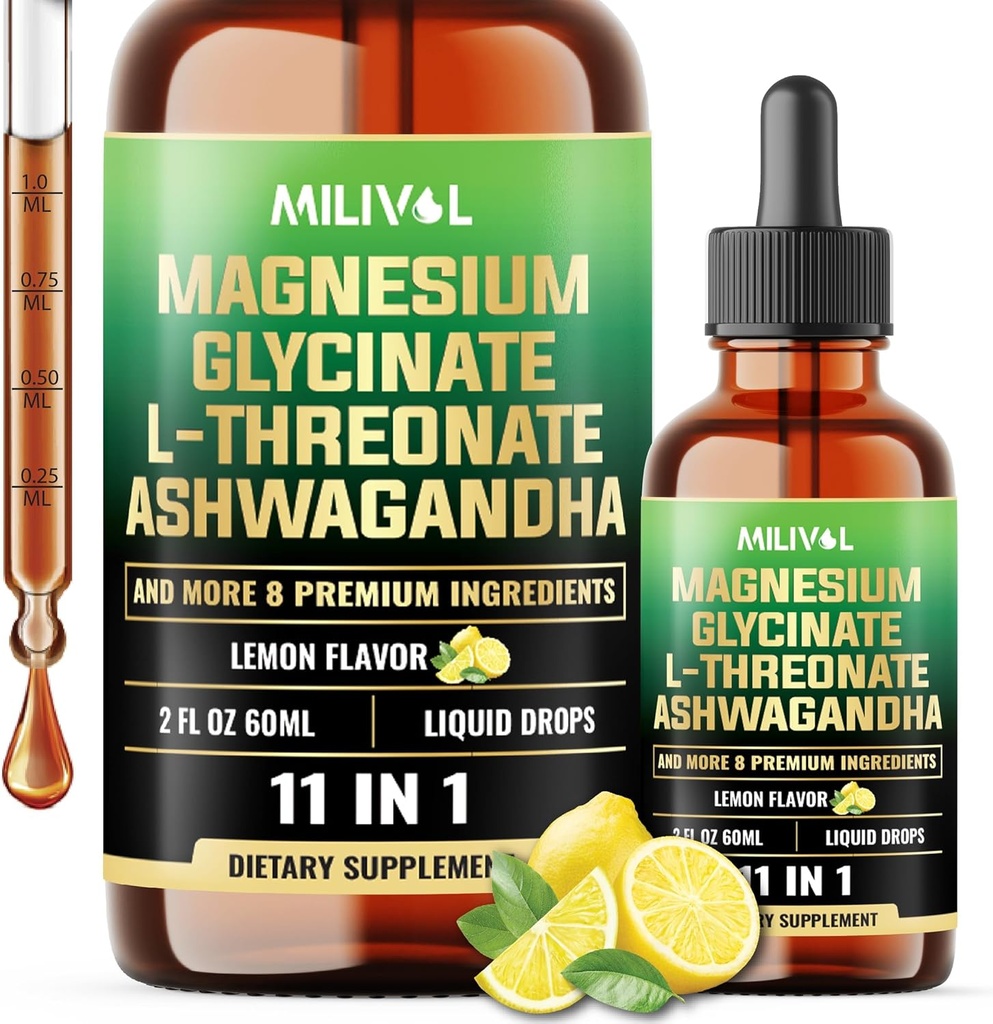 Teinture de glycinate de magnésium 10in1 avec thréonate de magnésium L, Ashwagadha, vitamine D3, C, B6 et plus - Supplément Cerveau et Cortisol - 2 Fl Oz - 60 jours d'approvisionnement - Saveur citron
