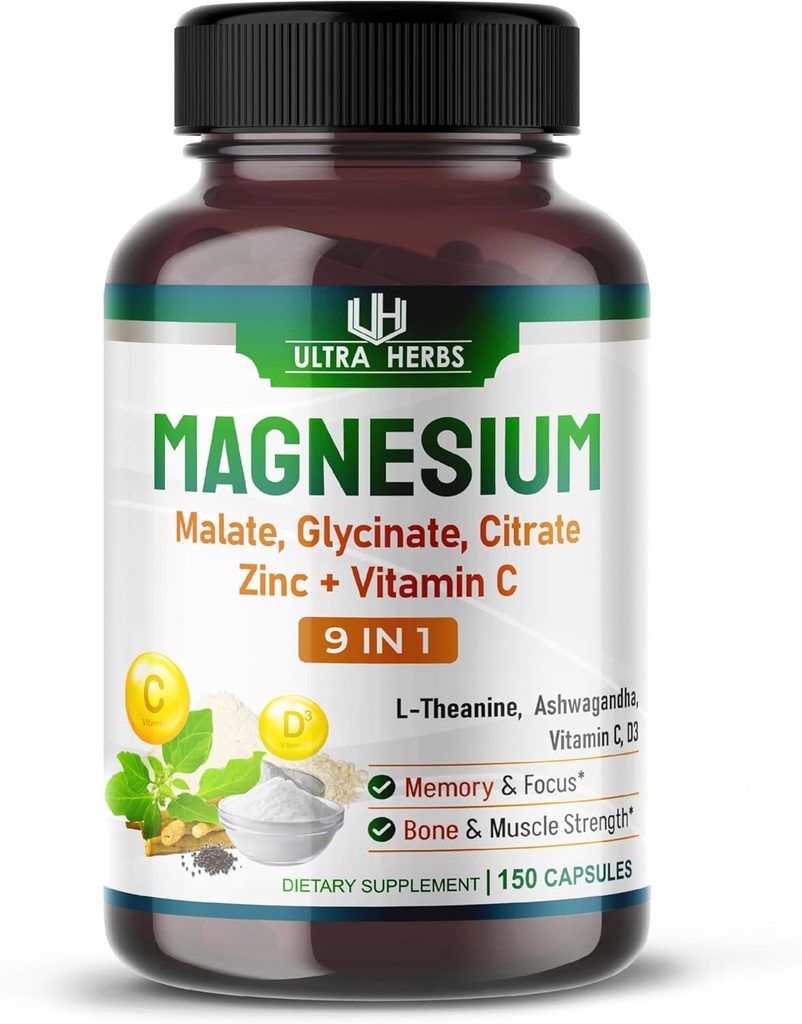 Complexe de Magnésium Triple, avec Malate de magnésium, Glycinate, Citrate - Supplément Magnésium à haute absorption pour la qualité du sommeil, relaxation nerveuse et musculaire