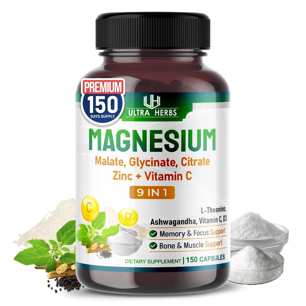 Complexe de Magnésium Triple, avec Malate de magnésium, Glycinate, Citrate - Supplément Magnésium à haute absorption pour la qualité du sommeil, relaxation nerveuse et musculaire