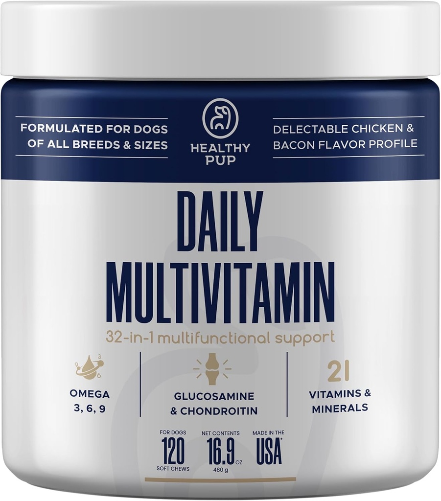 Supplément multivitamines pour chiens - 120 Vitamines et suppléments doux pour chiens à mâcher avec Oméga, Probiotiques, Glucosamine, et plus - pour chiens petits, grands et aînés