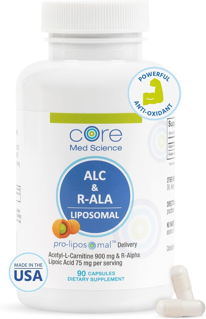 Core Med Science Capsules de supplément ALC et R-ALA - Acétyl-L-Carnitine (900mg) et acide lipoïque R-alpha (75mg) - favorise l'énergie et la focalisation - soutient la fonction mentale et la cognition de la mémoire (90 Nombre)