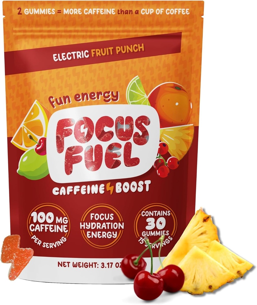 FocusFuel Energy Chews – Fruit Punch Flavor (15 portions) – 100mg Caféine + L-Theanine + B12, Magnésium – Boost Focus & Energy – Pas de crash ou de jitters