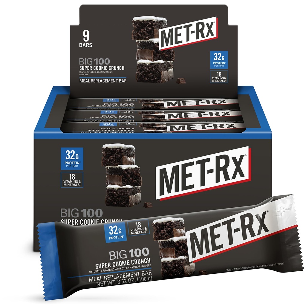 MET-Rx Grande barre protéinée 100, barre de remplacement des repas, protéine 32G, crunch super cookie, 9 barres (paquet de 1)