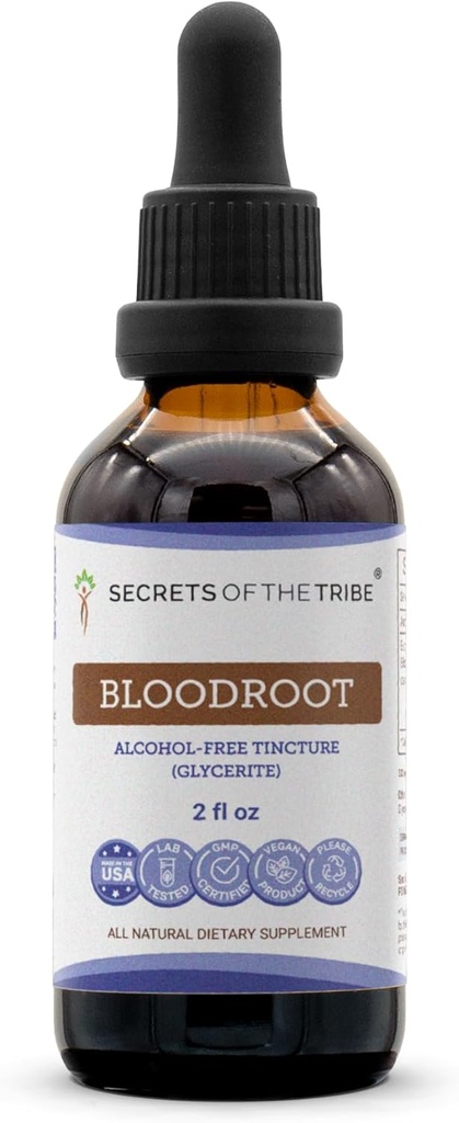 Secrets de l'extrait sans alcool de la racine de sang de la tribu d'élevage responsable (Sanguinaria Canadensis) Supplément de teinture de racine séchée (2 FL OZ)