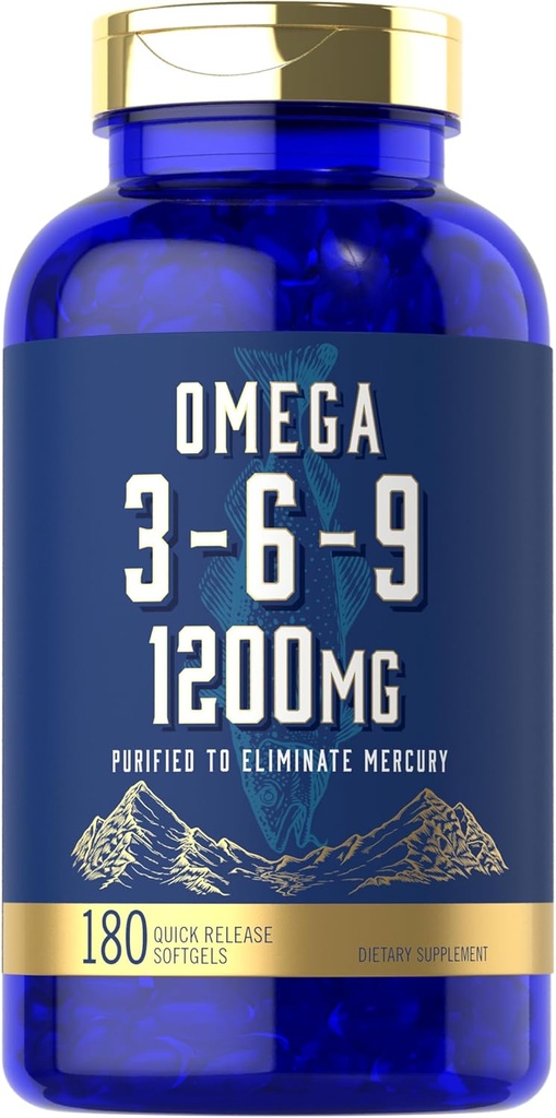 Carlyle Omega 3 6 9 Supplément $ 1 200mg $ 180 Capsules Softgel $ Complexe Triple Omega $ Huiles de poisson, de lin et de fourrage avec EPA et DHA $ Non-OGM et sans gluten