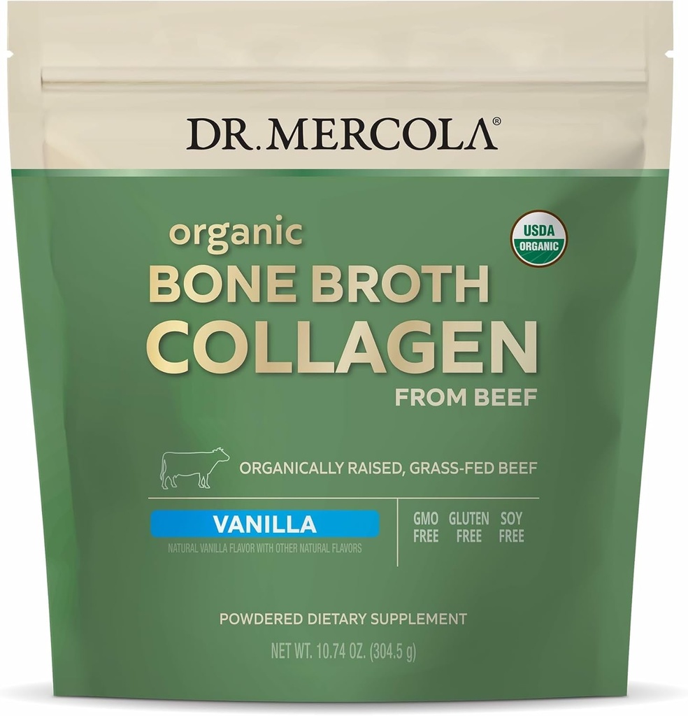 Dr. Mercola Bio Bone Broth Poudre de collagène - Soutient la santé des os et la croissance musculaire - USDA Organique, non-OGM, sans gluten et sans lait - 30 portions - Vanilla Flavor