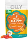 Hello Hello Happy Gummy Worms, Soutien de l'équilibre d'humeur, Vitamine D, Safran, Supplément à croquer pour adultes, Sans gluten, Zing tropical - 90 Comte