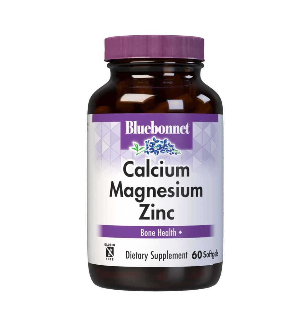 Bluebonnet Nutrition Calcium Magnésium Zinc Plus Vitamine D3, 1000 mg de Calcium, 500 mg de Magnésium et 15 mg de Zinc, 400 UI Vitamine D3, Pour des os sains forts*, sans gluten, sans fèves laitières, 60 softgel