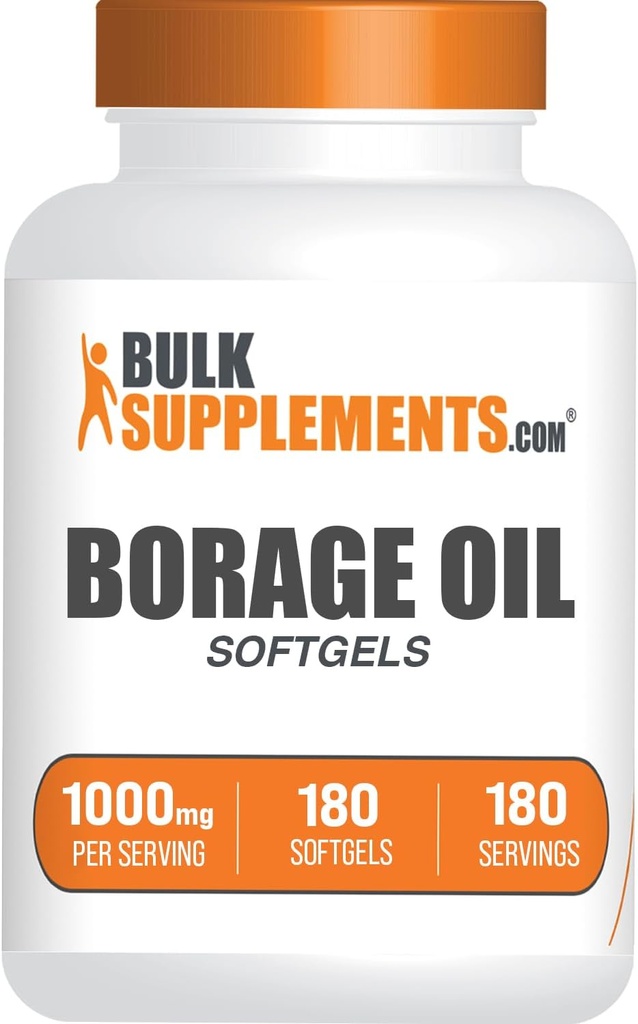 BulkSupplements.com Borage Oil Softgels - Gamma Linolenic Acid Supplement, Borage Oil Suppléments, Borage Oil 1000mg - Sans gluten, 1 Softgel par portion, 180 Compte (paquet de 1)