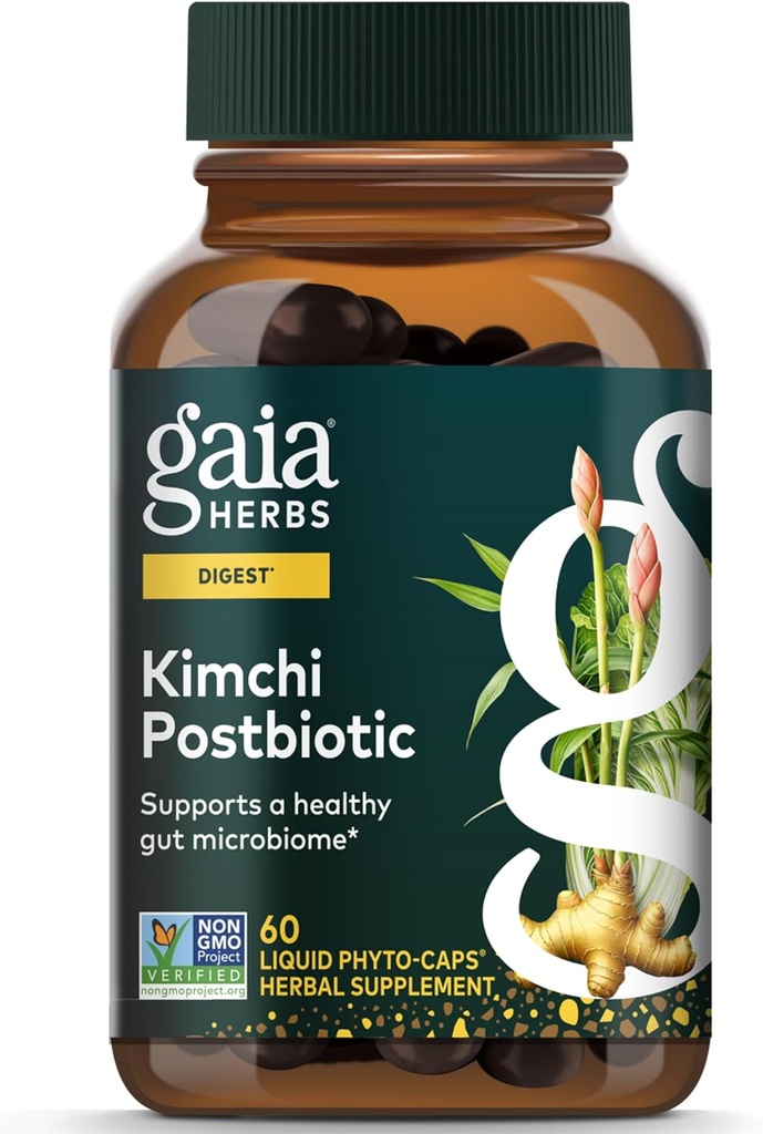 Gaia Herbs Kimchi Postbiotic - Supplément digestif naturel pour la santé des Gut - Fabriqué avec du Kimchi fermenté biologique - Exempt de lait, de soja et de gluten - 60 Capsules de végétalien (30 portions)