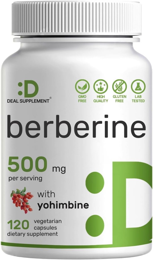 Berberine Supplement with Yohimbine, 500mg Per Serving, 120 Veggie Capsules – Root & Bark Extracts – High Absorption Hydrochloride HCl Forms – Non-GMO, Vegan