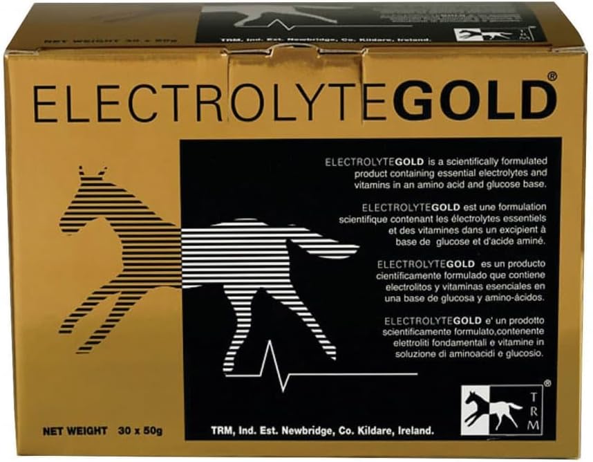 TRM Electrolyte Gold Performance Horse Feed Supplement for Electrolyte Replenishment | Combats Fatigue | Contains Vitamins C & E - 30 Qty x 1.76 oz (30 Qty x 50g) - 30 Qty x 1.76 oz