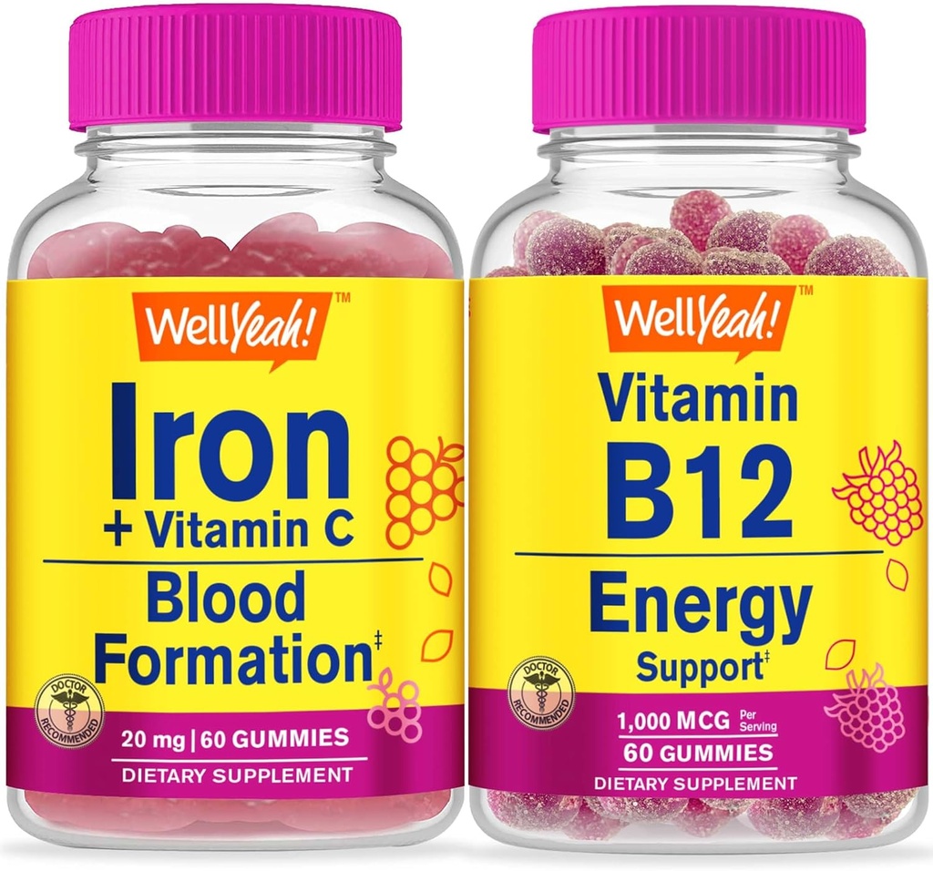 Eh bien oui Iron+Vitamine C + Vitamine B12 1000mcg, Gummies Bundle - Grande dégustation, supplément de vitamine, sans gluten, sans OGM, gummy à croquer