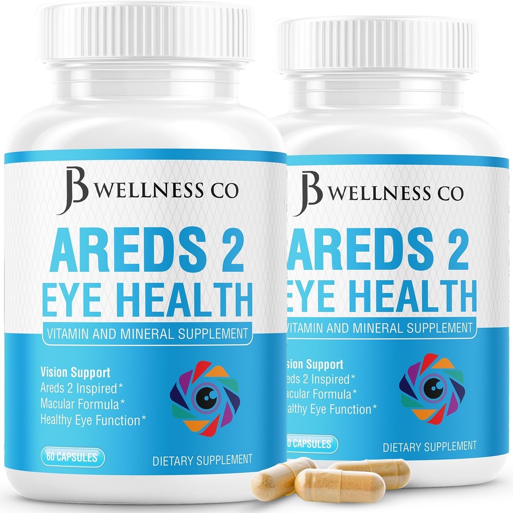 JB Wellness AREDS 2 Supplément aux vitamines et minéraux oculaires, contient de la lutéine, de la vitamine C, de la zéaxanthine, du zinc et de la vitamine.