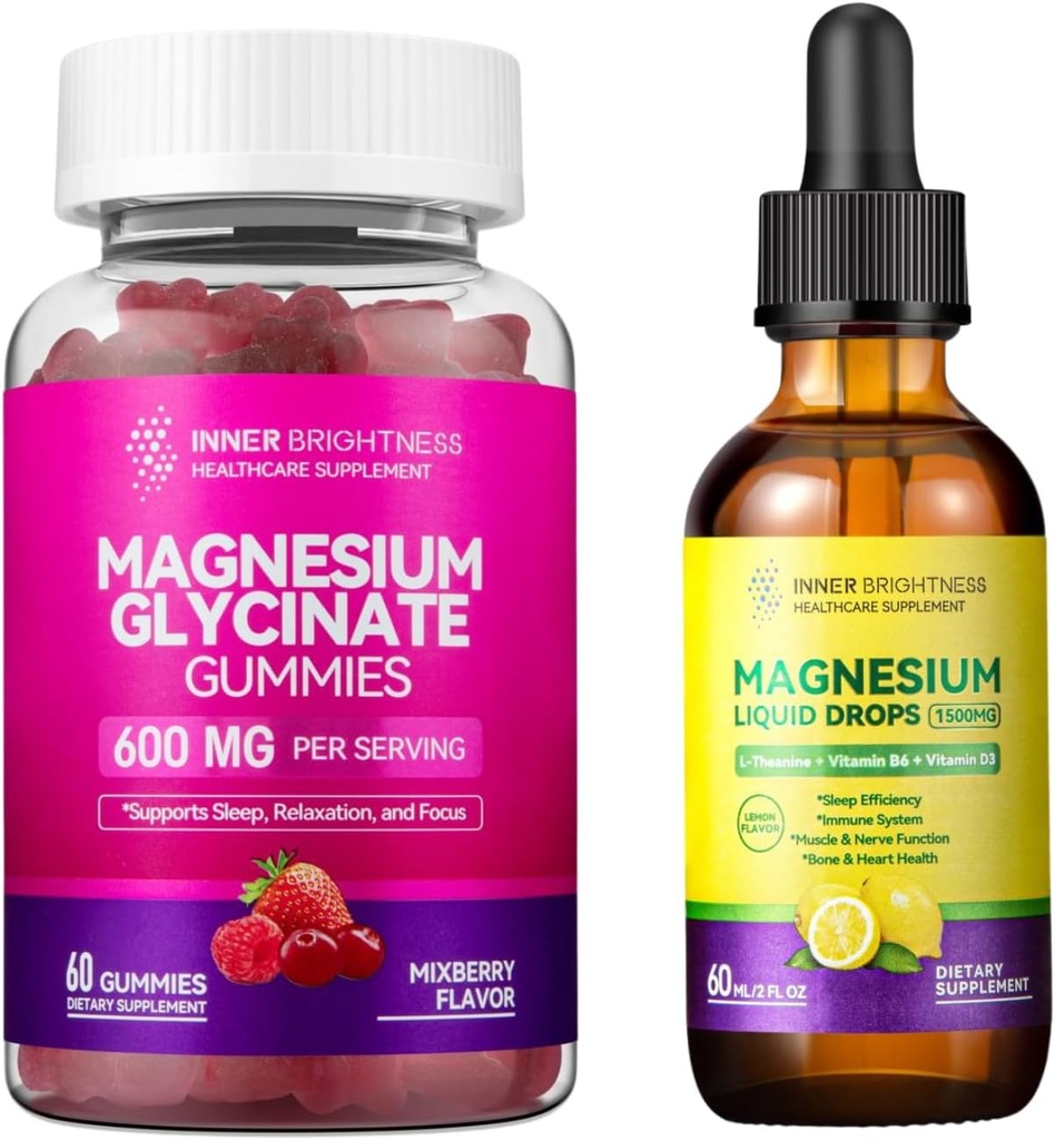 Glycinate de magnésium: Gommies pour adultes, sommeil, relaxation et focus, saveur de baies mélangées et liquide avec citrate de magnésium et taurate, saveur de citron