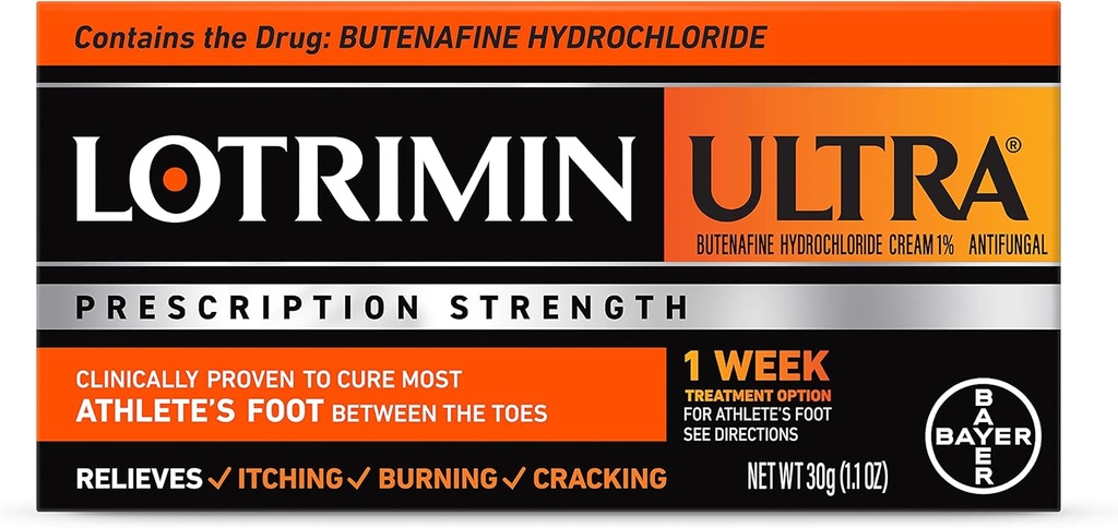 Lotrimin Ultra 1 semaine traitement des pieds des athlètes, la force d'ordonnance Buténafine chlorhydrate 1%, guérir la plupart des athlètes entre les orteils, crème, 1,1 Oz