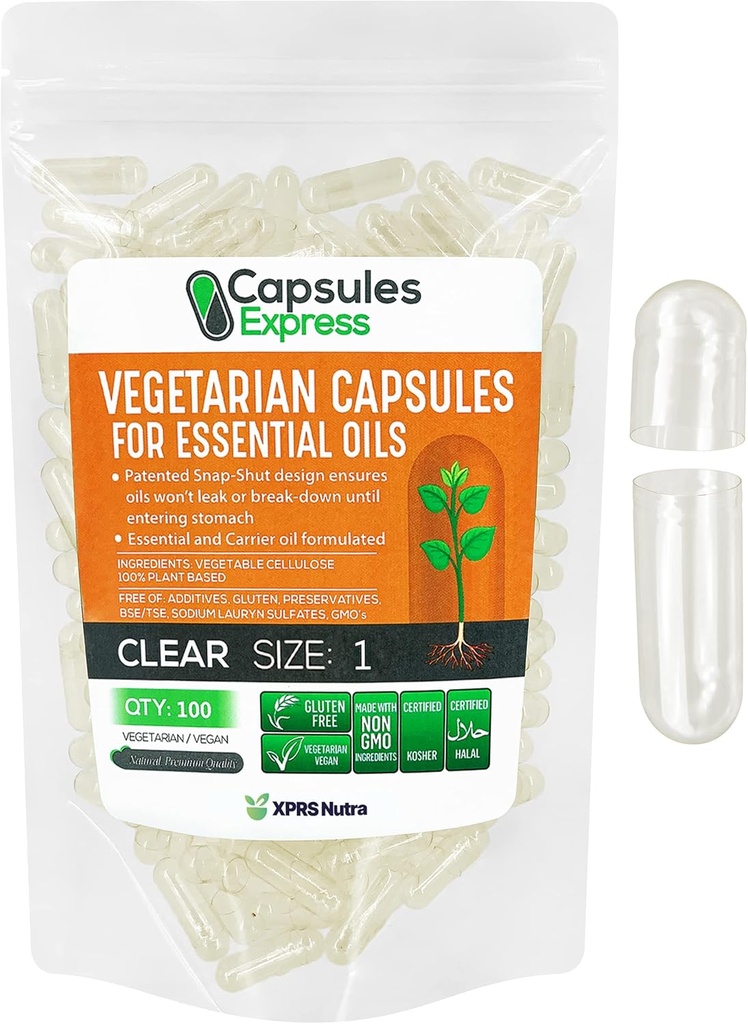 XPRS Nutra Size 1 Capsules Vegan vides - 100 Capsules Végétiques claires pour la plupart des huiles essentielles - pilules végétales vides - remplissage d'huile de bricolage