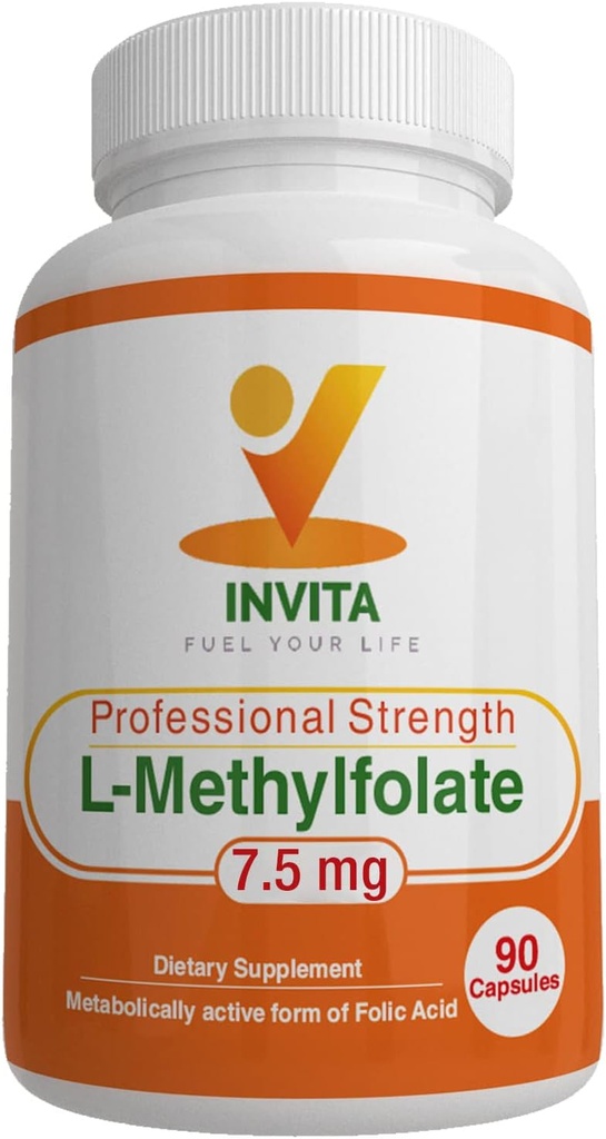 INVITA L-méthylfolate - Folate de méthyle actif de force professionnelle - Supplément 5-MTHF pour l'énergie, l'humeur et le soutien immunitaire - Non OGM, sans gluten, sans remplissage (7,5 Mg)