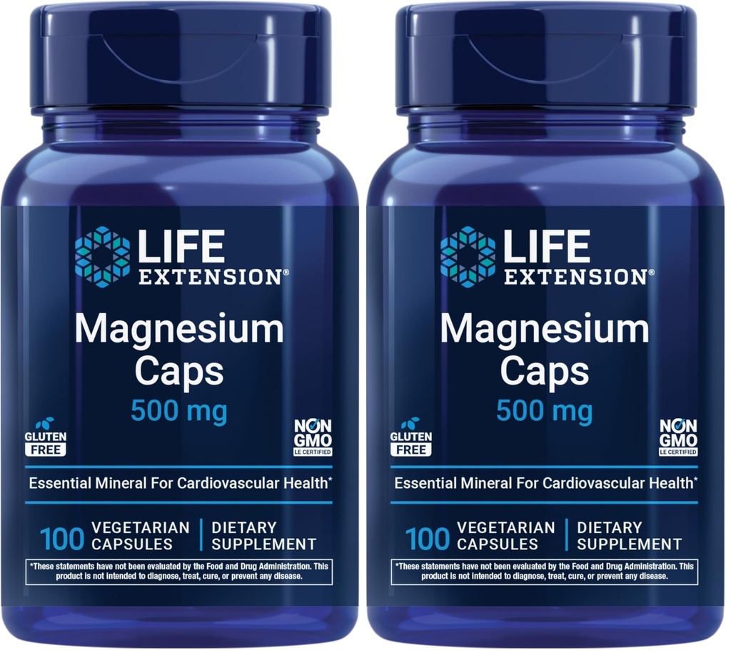 Prolongation de la vie Bouchons de magnésium, 500 mg, Oxyde de magnésium, Citrate, Succinate, Santé du coeur, Bons sains, Soutien au métabolisme, 100 Capsules végétariennes (paquet de 2)