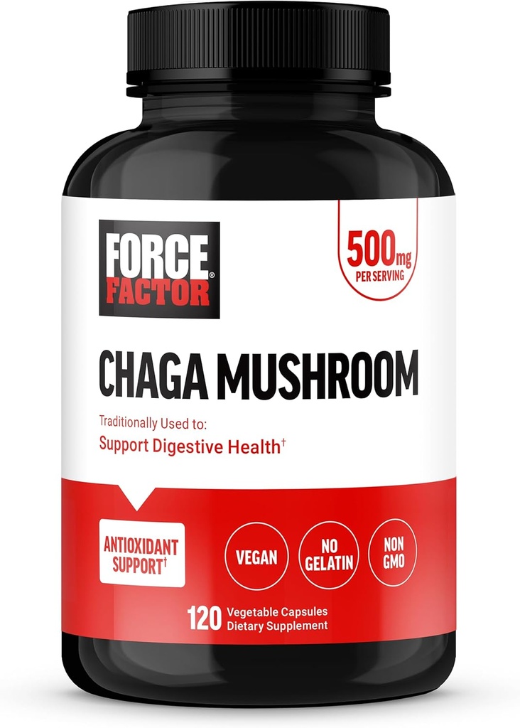 FACTEUR DE FORCE Chaga Capsules de champignons, Supplément de champignons pour soutenir la santé et la digestion Gut, fabriqués à partir de champignons réels, végétalien, non OGM, 120 capsules