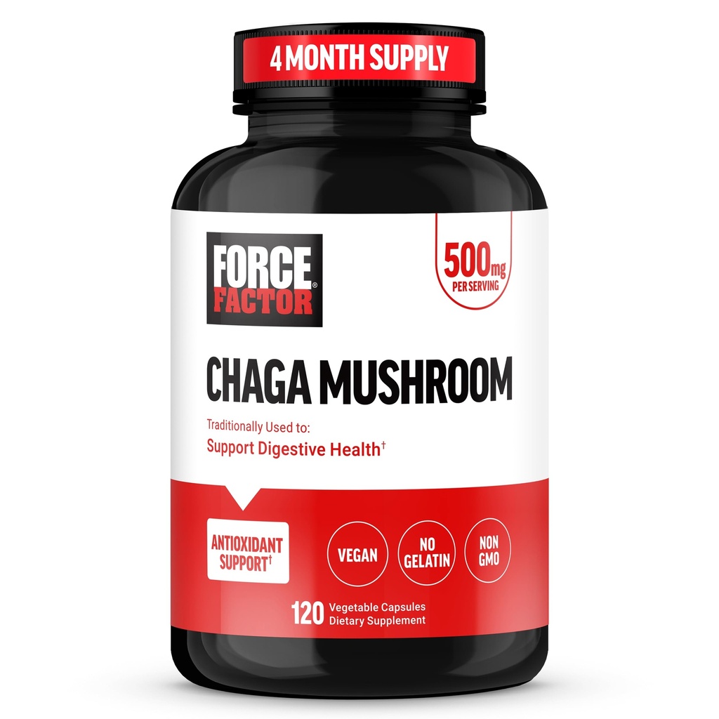 FACTEUR DE FORCE Chaga Capsules de champignons, Supplément de champignons pour soutenir la santé et la digestion Gut, fabriqués à partir de champignons réels, végétalien, non OGM, 120 capsules