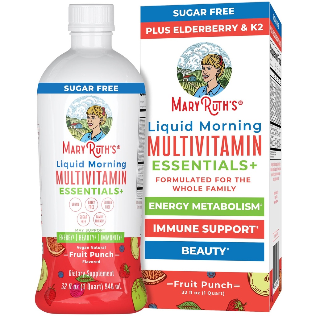MaryRuth Organics Liquid Morning Multivitamine Essentials+- Vitamine A C D E B6 B12 Biotine Zinc, Hommes Femmes Multivitamine, Immunis Support, Beauté-- Sans sucre--- Vitamines pour les âges 1+--Végétaliens 32 Fl Oz