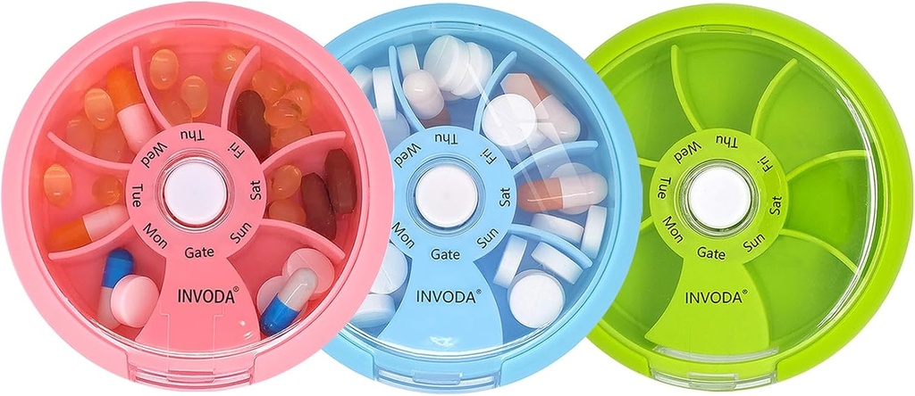INVODA Weekly Pill Organizer 7 Compartment Rotating Pill Box for Daily Medication & Vitamins - Portable Travel Pill Case Fish Oil Supplements Vitamins Organizer (Pink+Sky Blue+Green)