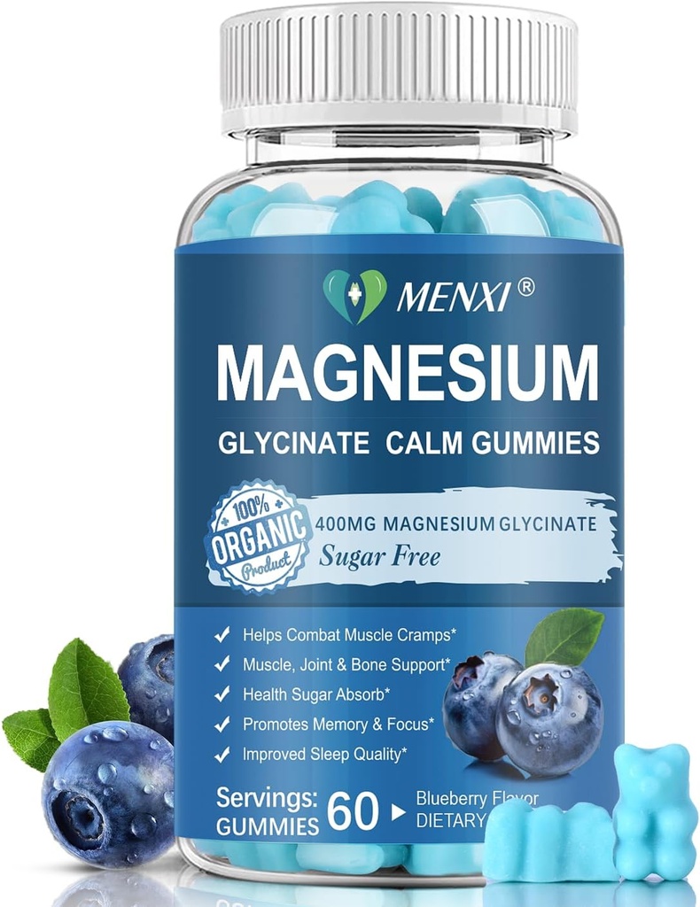 Gommies de magnésium 600mg par portion-glycinat de magnésium 400mg et malate de magnésium 200mg, supplément de magnésium sans sucre pour l'humeur calme, les muscles, les os et le sommeil,60 Gommies de bleuets