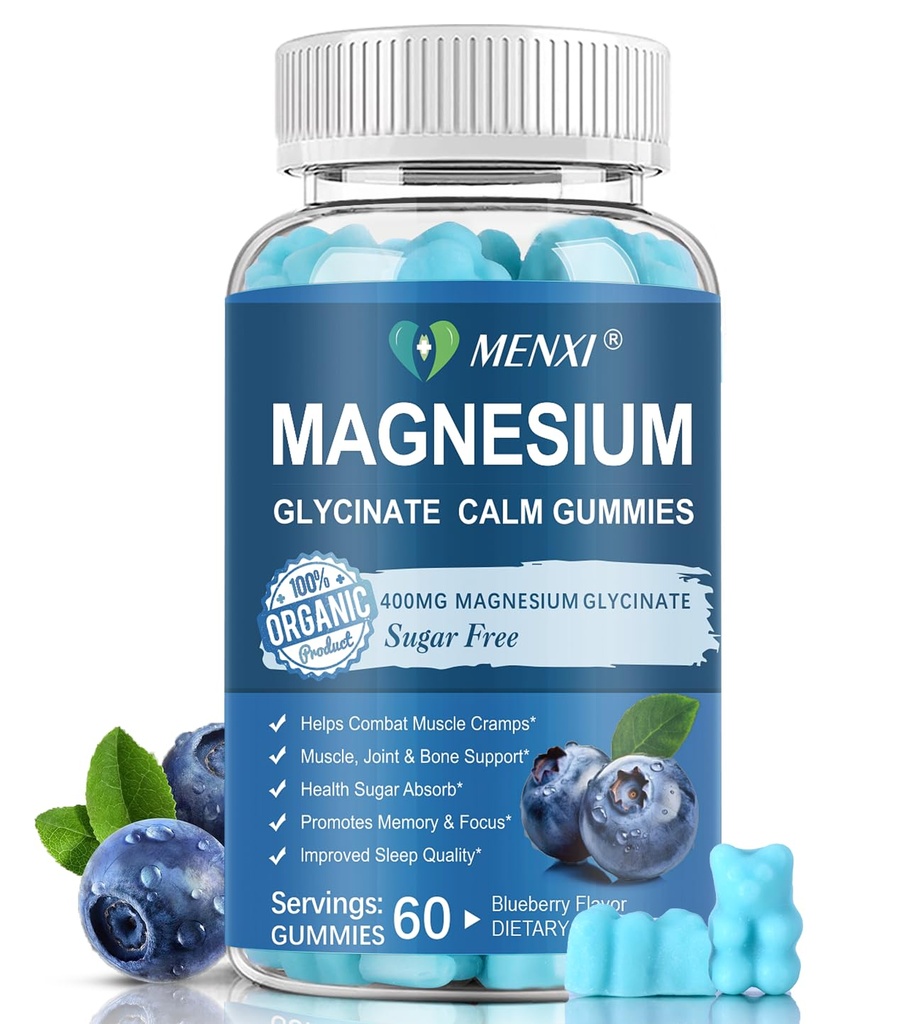 Gommies de magnésium 600mg par portion-glycinat de magnésium 400mg et malate de magnésium 200mg, supplément de magnésium sans sucre pour l'humeur calme, les muscles, les os et le sommeil,60 Gommies de bleuets