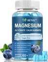 Gommies de magnésium 600mg par portion-glycinat de magnésium 400mg et malate de magnésium 200mg, supplément de magnésium sans sucre pour l'humeur calme, les muscles, les os et le sommeil,60 Gommies de bleuets