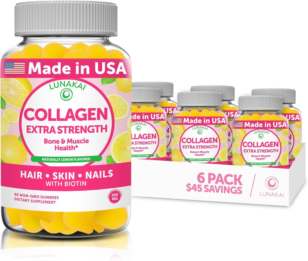 Gommies de collagène Lunakai - Formule propriétaire la plus délicieuse - 200 mg Gommies de collagène hydrolysées pour les femmes et les hommes avec biotine, zinc, vitamine C et E - Supplément anti-vieillissement non OGM pour les femmes - 6 Pack