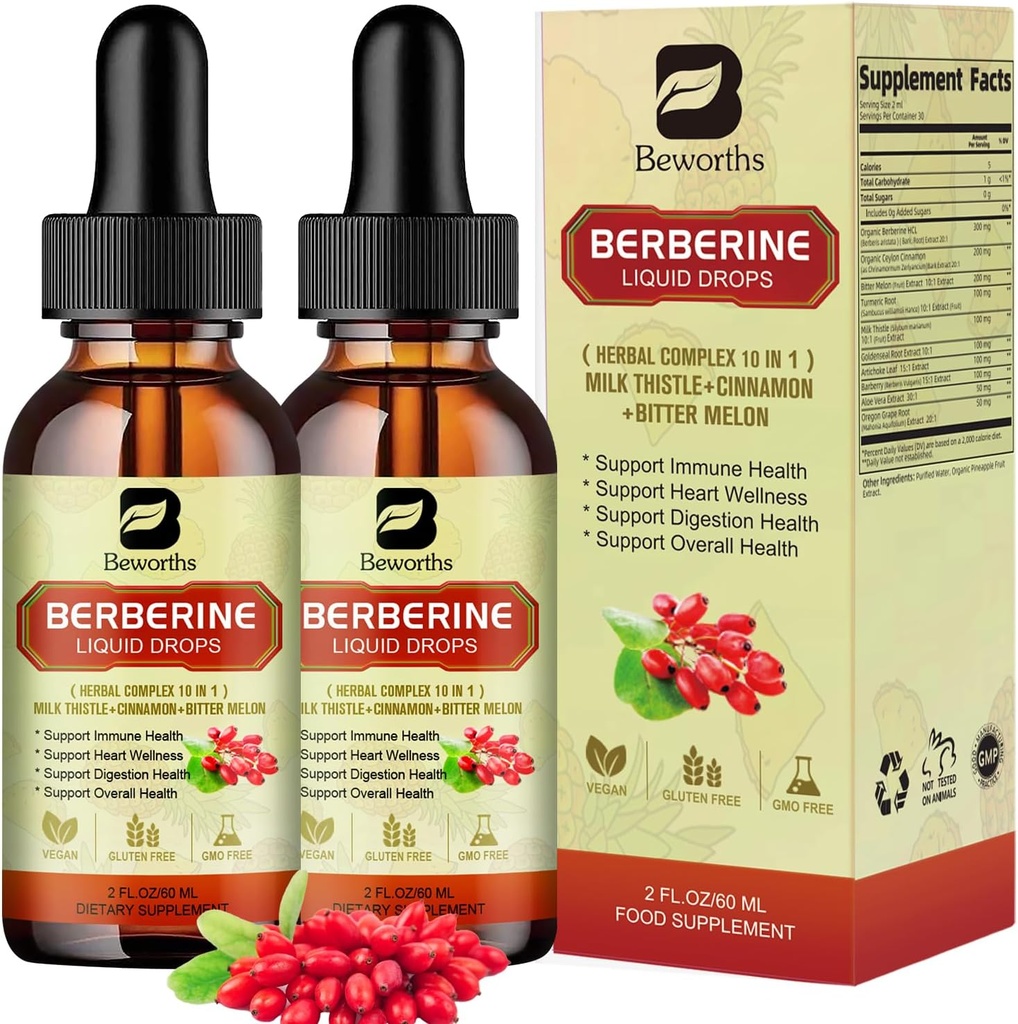 Supplément berbère 2Pack - gouttes liquides berbères avec cannelle Ceylan, mélône amère, chardon de lait, supplément berbère HCL active AMPK & GLP-1 pour le support du système de digestion
