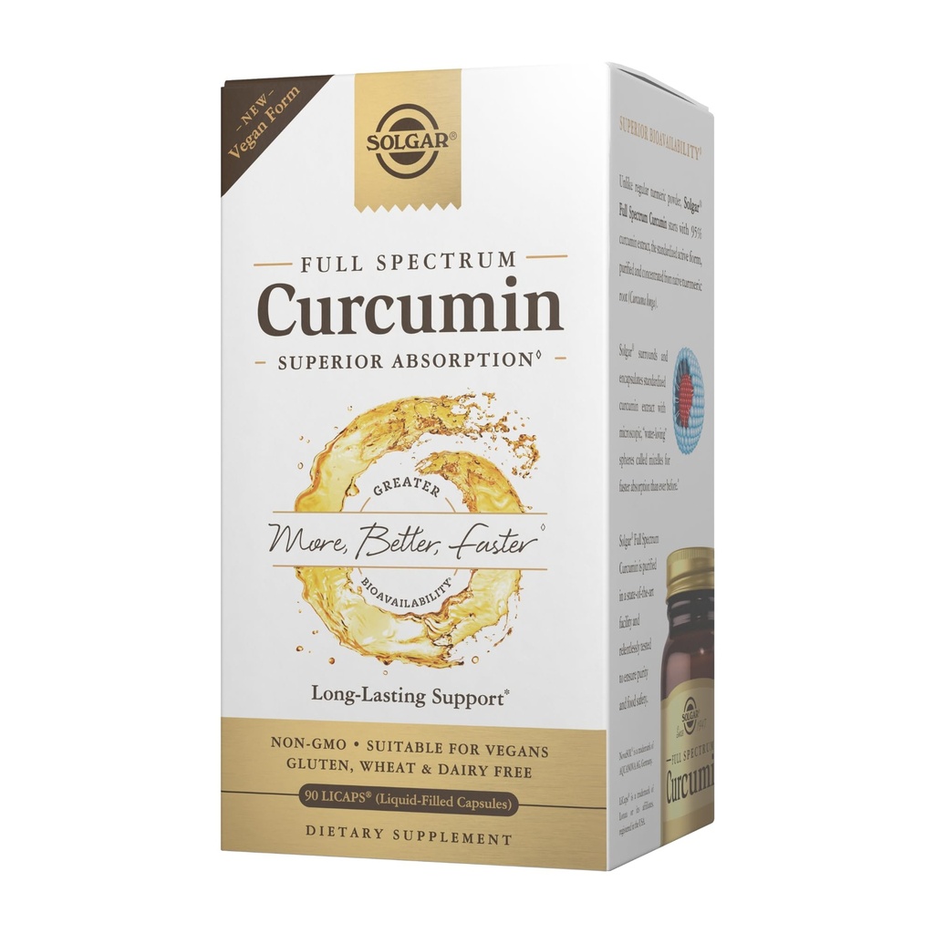 Curcumine de spectre complet de Solgar - 90 LiCaps - Absorption supérieure - Santé cérébrale, articulaire et immunitaire - Non-OGM, végétalien, sans gluten, sans lait - 90 portions