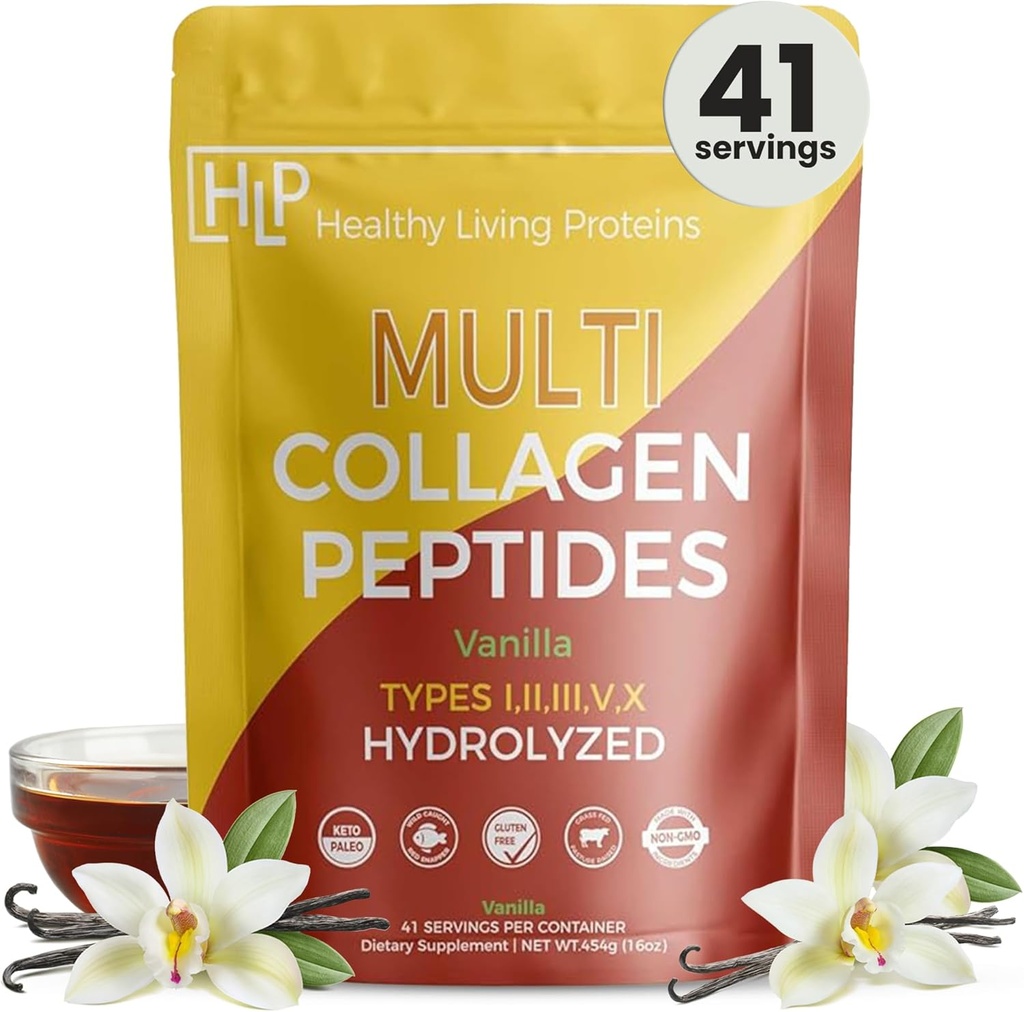 Protéines pour un mode de vie sain - Peptides multicollagènes hydrolysés Poudres de types I, II, III, V et X - Fovine de l'herbe, poulet sauvage, marin et de portée libre - sans gluten (Vanilla, 16 oz)