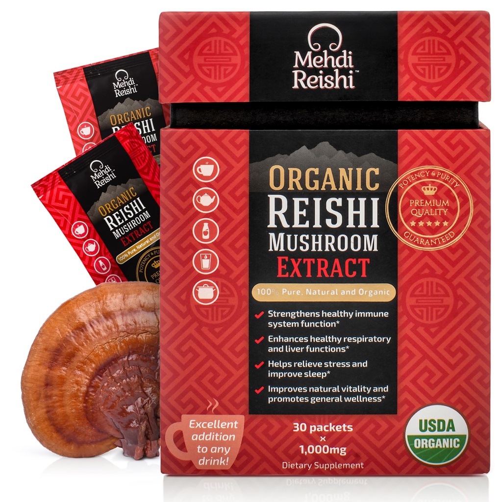 Extrait de champignons Reishi bio Poudre de fruits et de corps 35 % Beta Glucan – 100% Pure, Premium et bio – 30 portions–Ganoderma Lucidum, Lingzhi, Thé