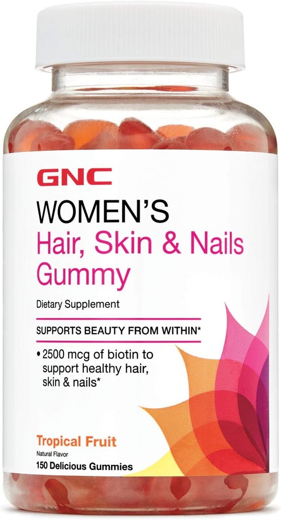 GNC Femmes cheveux, peau et ongles Gummy - fruits tropicaux, 150 gommes, contient biotine pour cheveux, peau et ongles forts et sains